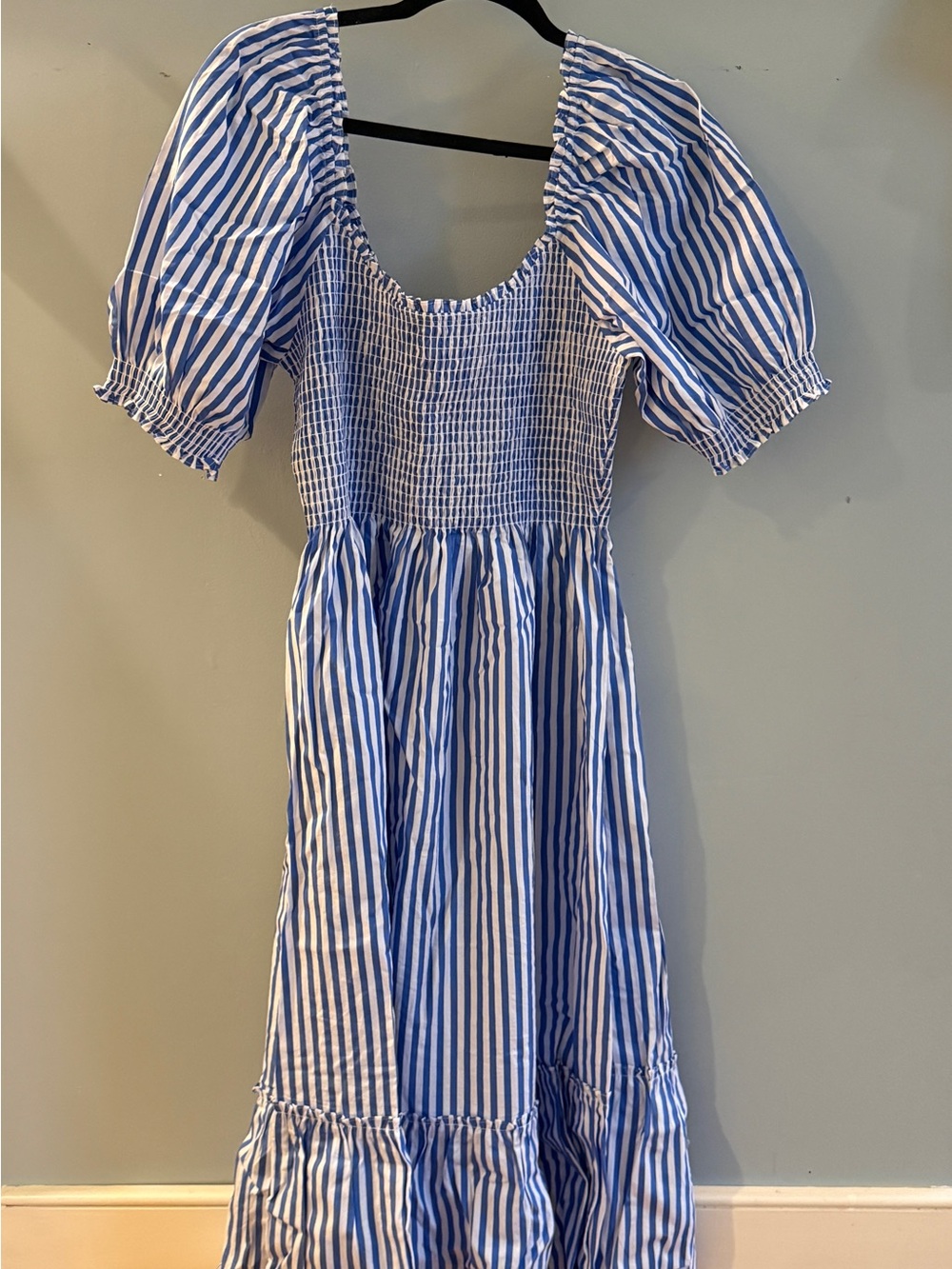Hill House Nap Dress - Blue & White Striped Puff-Sleeve Midi Dress